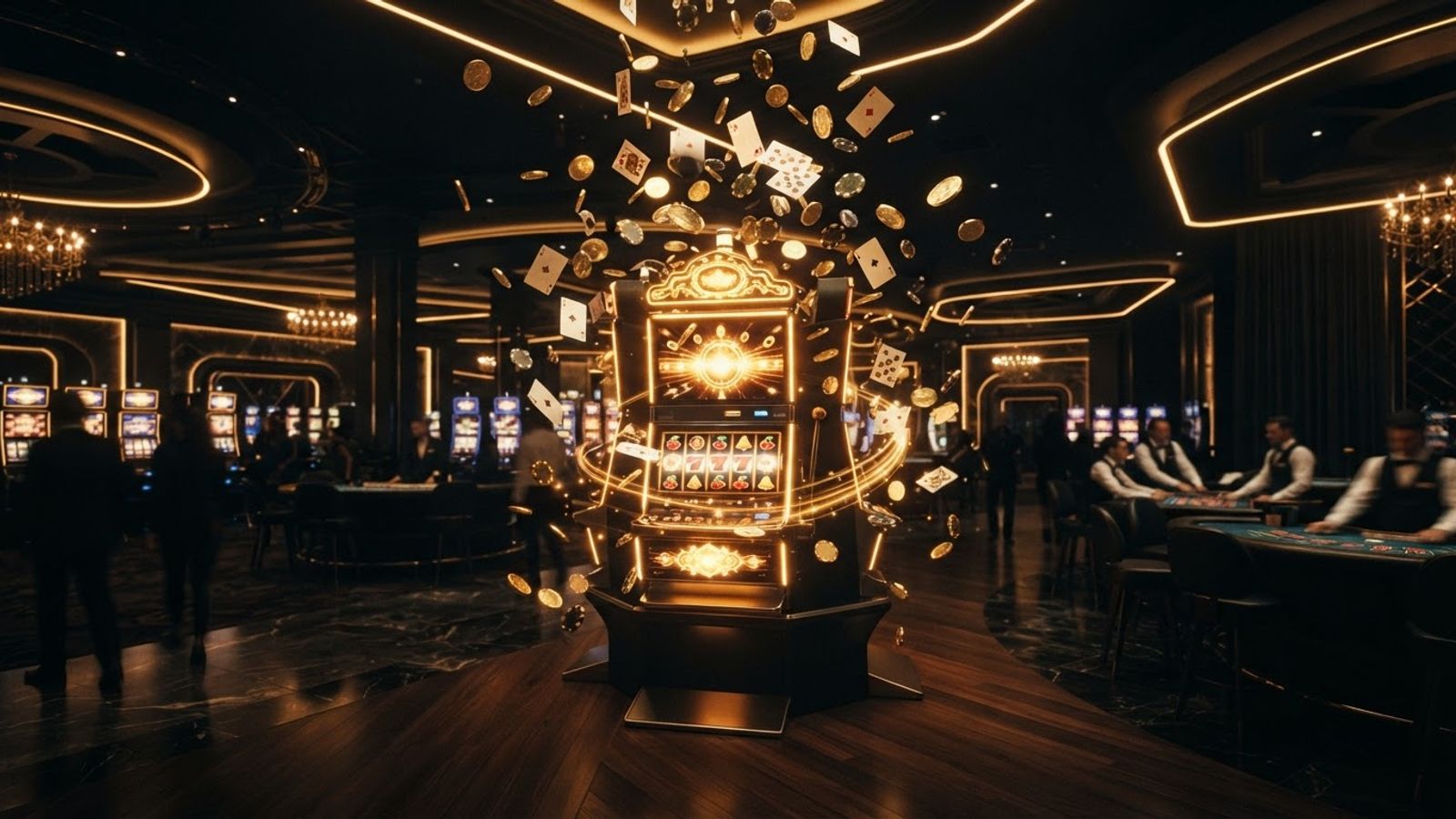 Modern casino interior with slot machine and playing cards