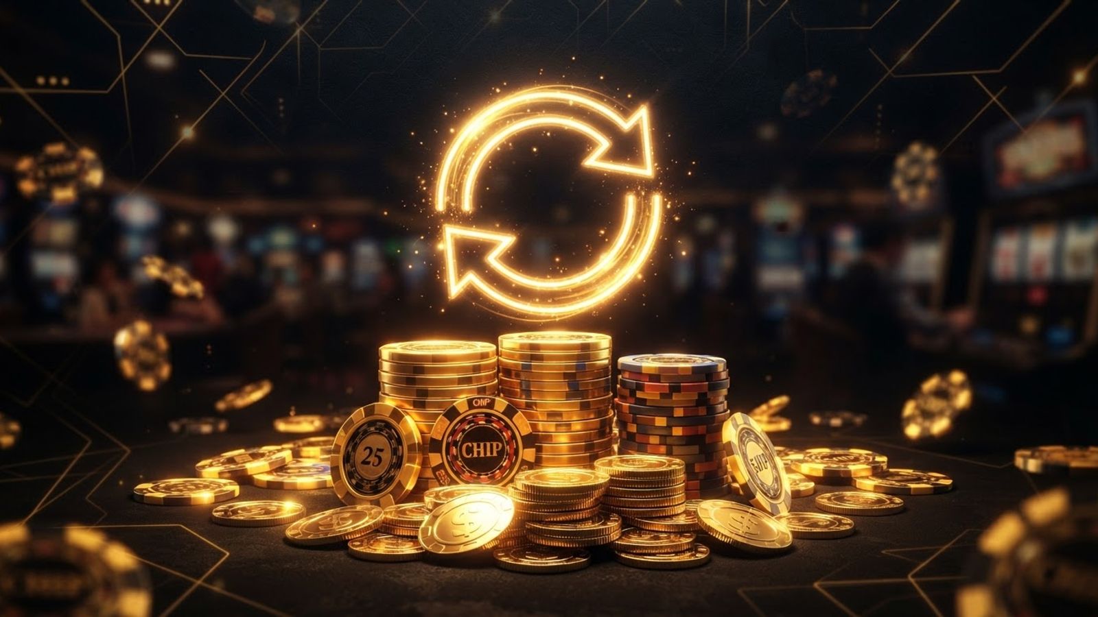 Stack of coins and casino chips for reload bonus