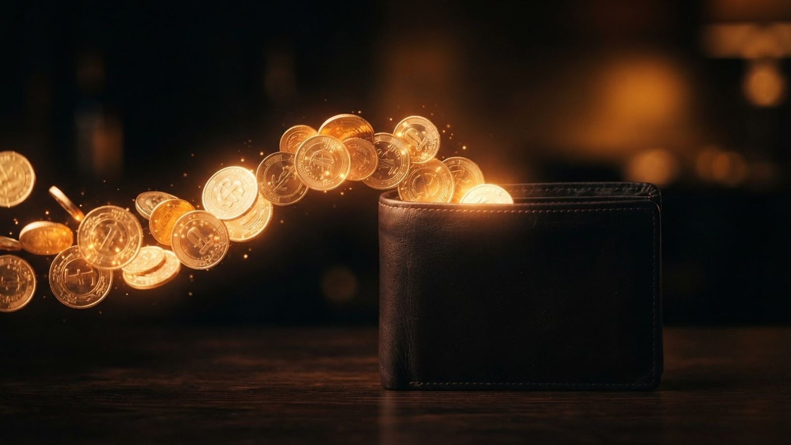 Gold coins returning into a wallet for cashback