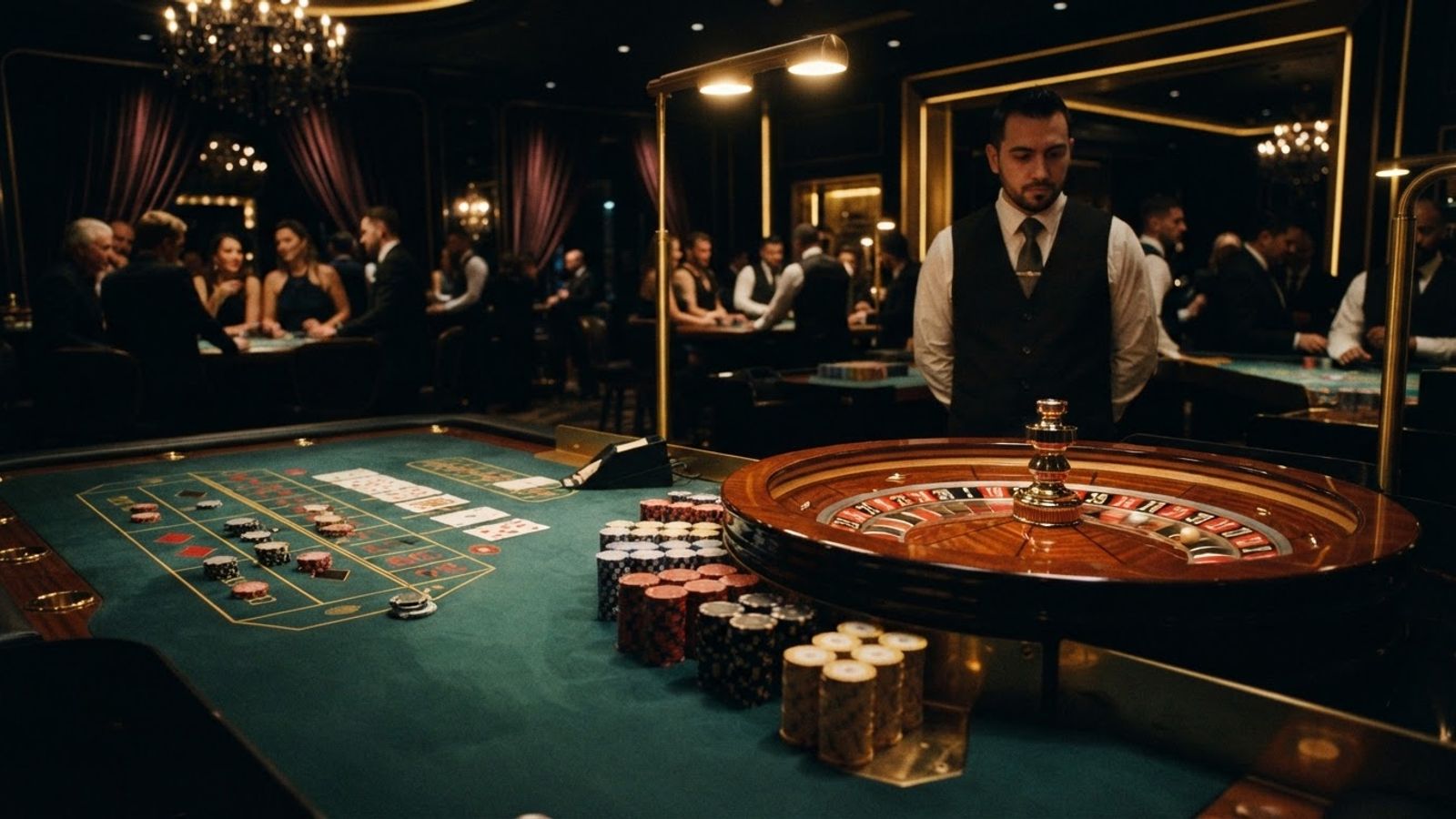 Casino table with playing cards and poker chips
