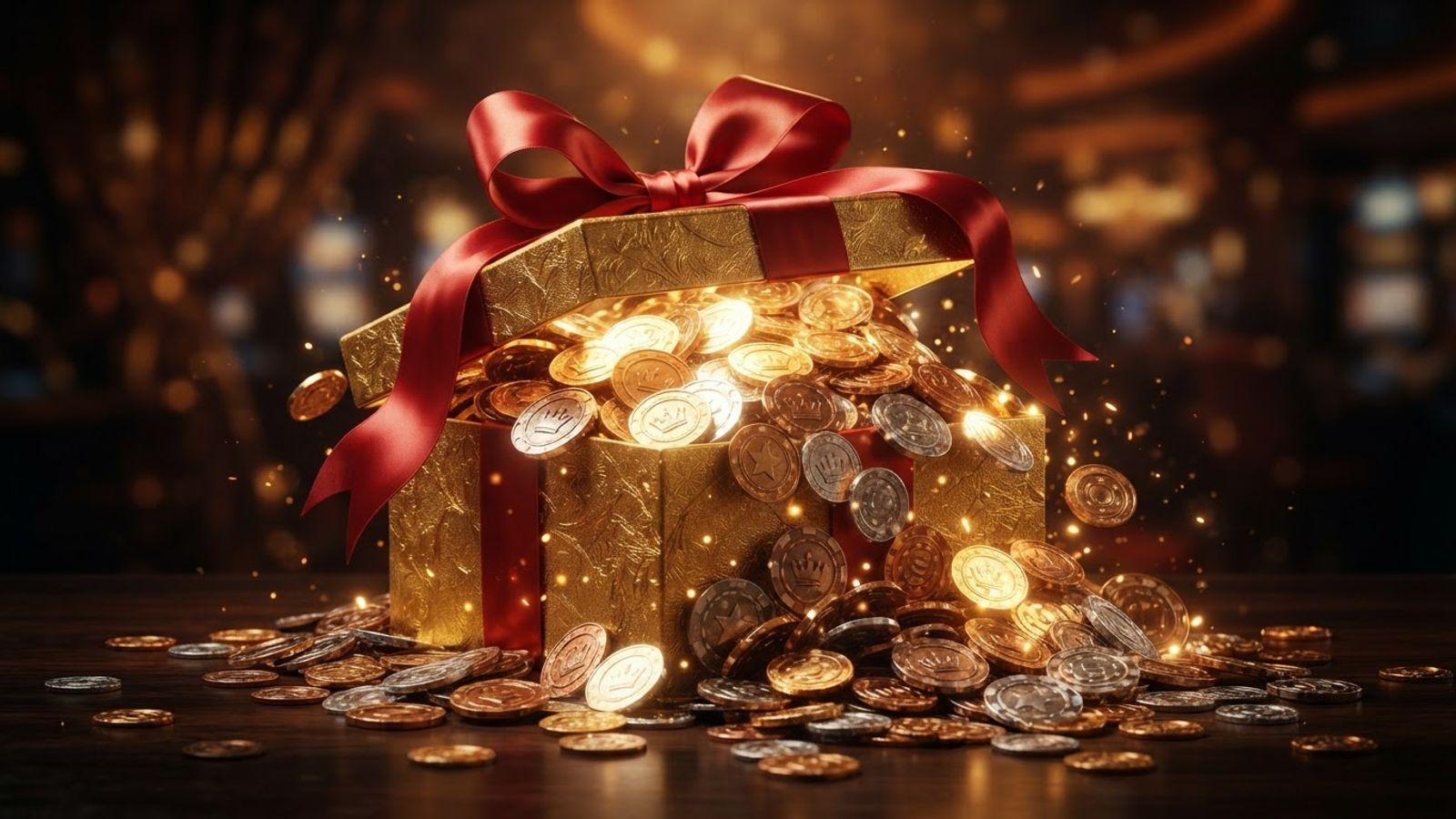 Golden gift box overflowing with casino coins