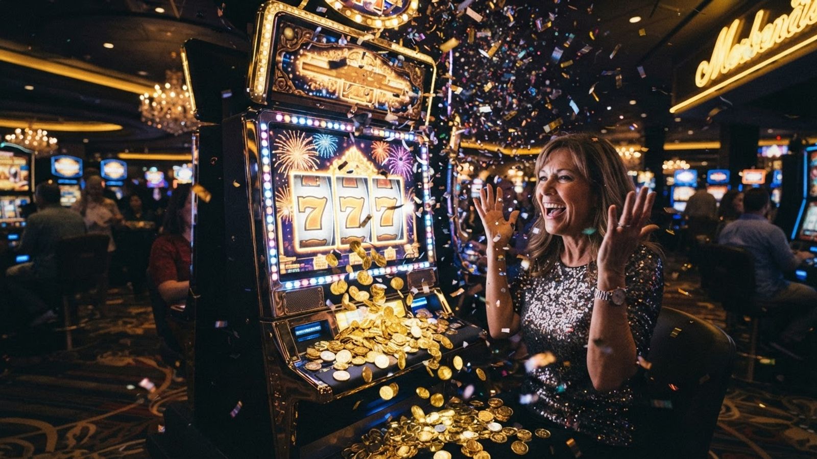 Casino slot reels with confetti for weekend promo